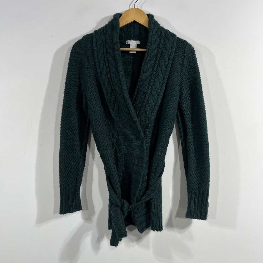 VTG Fisherman 90s Granola Green Cable Knit Shawl Collar Belted Cardigan XS
